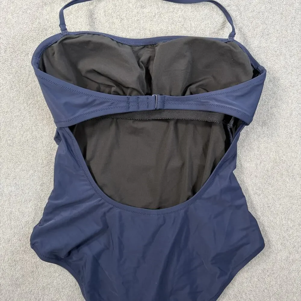 J.Crew Women's Medium Navy Blue Ruched Cut Out Back One Piece Swimsuit Strapless